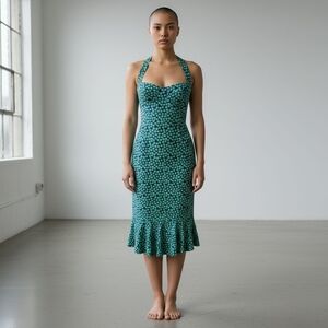 Anthropologie Hutch Blue Floral Dress Sz Medium Green Halter Ruffle Stretch Midi